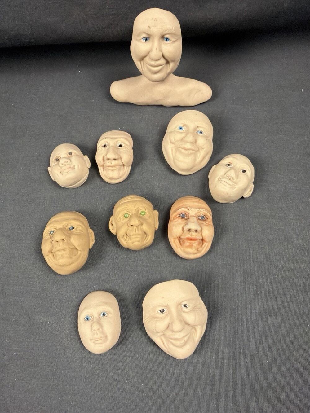 Lot Of 10 Handmade Clay Heads For Dolls Crafts Hand Painted Faces Eyes